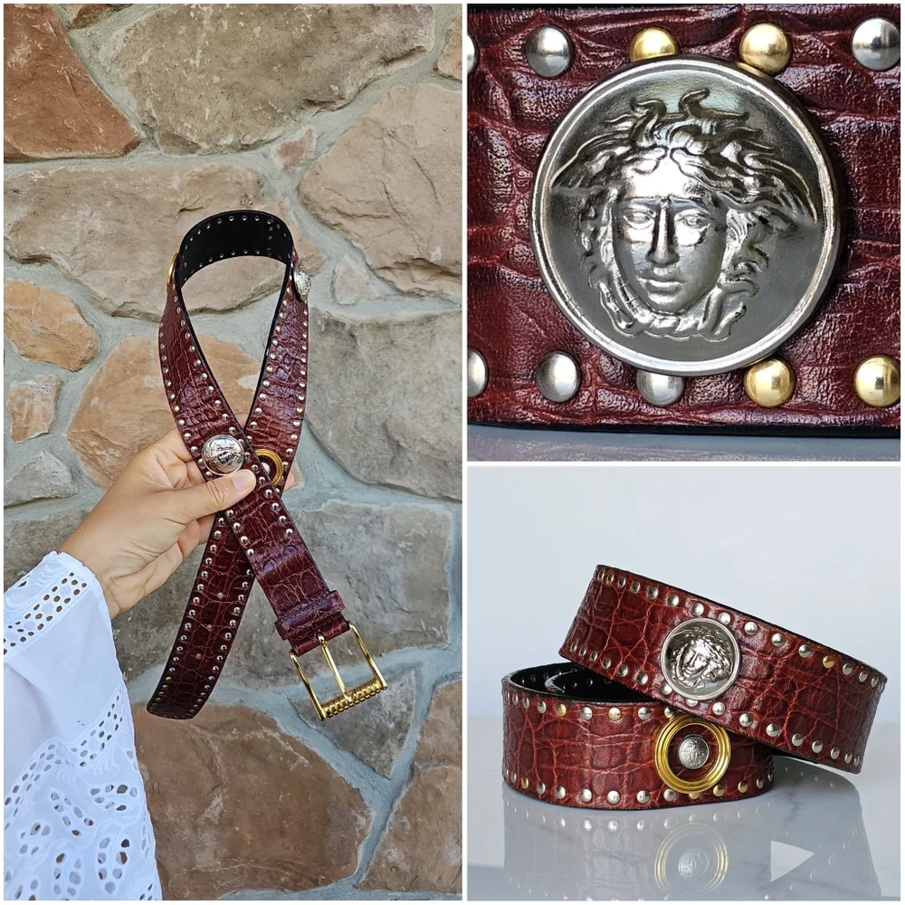 ✨ Vintage Gianni Versace Medusa Studded Leather Belt Brown Croc, Gold & Silver